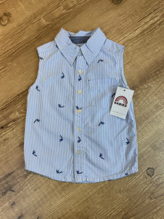 Camisa regata listrada azul e branco - baleia (Osh Kosh)