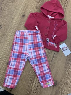 Conjunto blusa moletom com capuz rosa + calça xadrez rosa e azul (Abrange) - comprar online