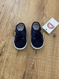 Tênis tecido azul marinho com velcro lateral - detalhe marrom (Kéto) - comprar online