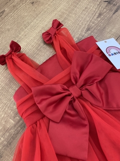 Vestido vermelho de cetim com tule - laço frontal - loja online
