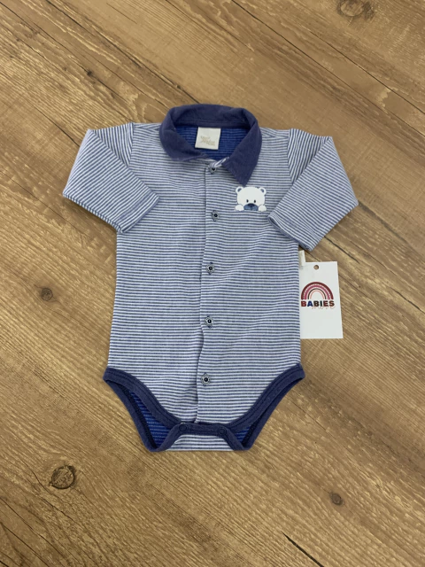Body camisa listrado branco e azul com ursinho bordado (Anjos Baby) - comprar online