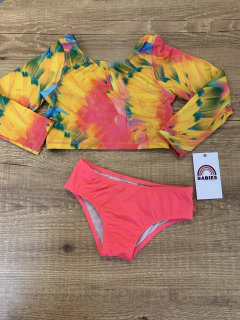 Conjunto de banho manga longa + calcinha laranja e amarelo (Puc)