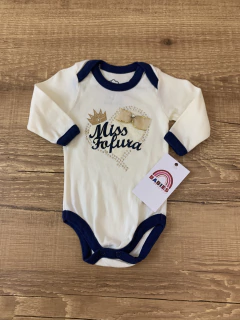 Body manga longa creme e azul "miss fofura" (Iaze)
