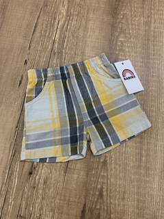 Short de linho listrado amarelo e cinza com cóz de elástico (Carinhoso) na internet