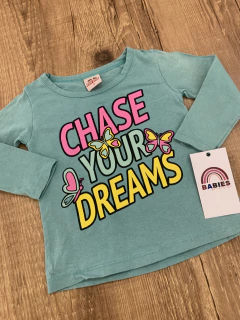 Blusa manga longa verde "Chase your dreams" - borboletas (Guu Kids) na internet