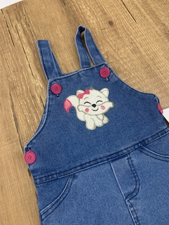 Jardineira longa jeans com botões rosa - gatinho - loja online