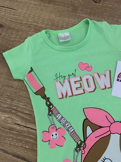 Vestido neon verde com rosa "Meow" - ursinha (Cacau Kids) - loja online