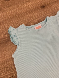 Blusa cavada canelada verde água - manga de babadinhos (Baby Club) - Babies Move Brecho