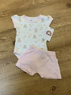 Conjunto body rosa e branco ursinho na nuvem + tapa fralda (Anjos baby)