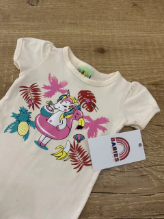 Body laranja claro com unicórnio e bóia de flamingo (Lual Baby) na internet