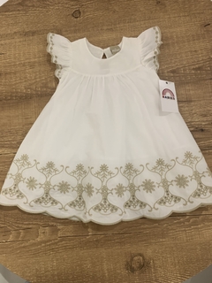 Vestido branco com bordado marron na barra e mangas (Milon) - comprar online