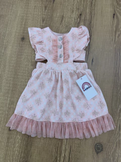 Vestido canelado rosa floral - detalhes de tule (Kiki) - comprar online