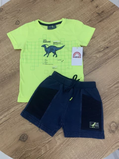 Conjunto blusa verde neon com dinossauro + short moletom azul marinho (Serelepe) - comprar online