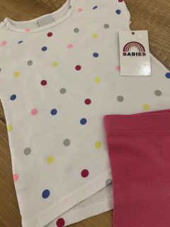 Camiseta branca poazinho colorido + short rosa (Malwee) - Babies Move Brecho