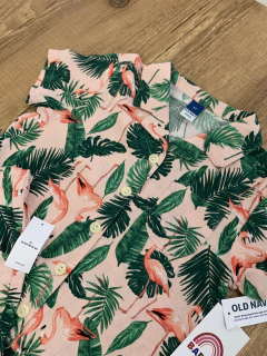 Conjunto linho estampado rosa com folhas e flamingo - blusa + short (Old Navy) - Babies Move Brecho