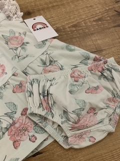 Vestido camada verde com flores rosas e manga de renda + tapa fralda (Milon) - loja online