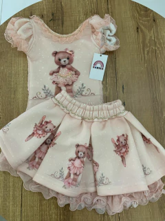 Conjunto poazinho rosa com renda e ursinhos - blusa + saia rodada (Rotação Kids) - comprar online