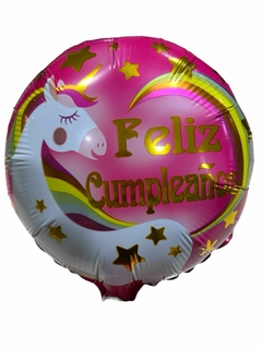 GLOBO METALIZADO 9" FELIZ CUMPLE UNICORNIO BORDE FUCSIA