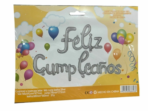 GLOBO METALIZADO FELIZ CUMPLEAÑOS CURSIVA PLATEADO