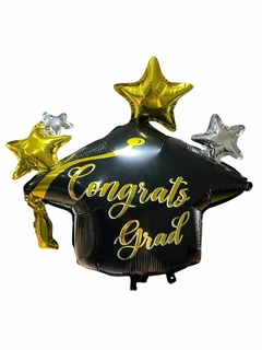 GLOBO METALIZADO 20" BIRRETE CONGRATS NEGRO ESTRELLAS DORADAS (EGRESADOS)