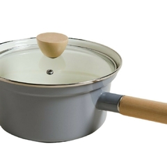 Cacerola Enlozada Gris Con Mango Tapa De Vidrio Y Madera 20 Cm en internet