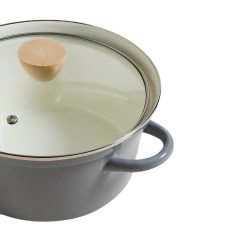 Cacerola Enlozada Gris Con Tapa De Vidrio Y Madera 22 Cm en internet