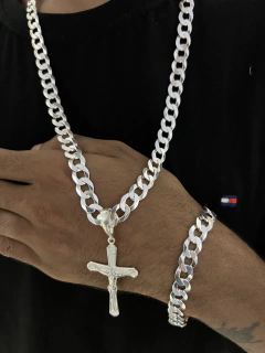 Conjunto grumet 10mm, corrente + pulseira + pingente cruz c/ cristo - Prata 925