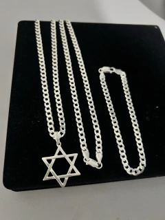 Conjunto grumet 5mm, corrente (70cm) + pulseira + pingente estrela de Davi - Prata 925