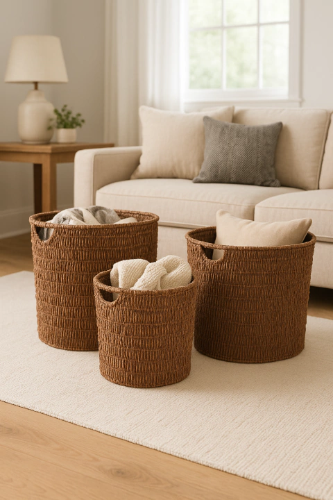 Canastos De Mimbre Marrón Con Tapa (set X3) - comprar online