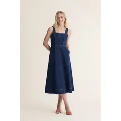 VESTIDO MIDI RECORTES EM DENIM AZUL ESCURO