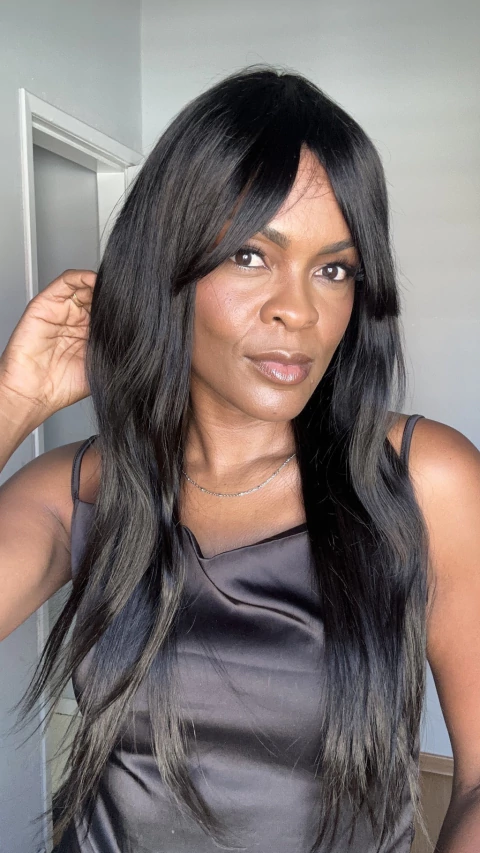 Wig Elen com franja, cabelo humano