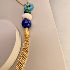 Collar largo dorado, fleco cadenas, perlas y piedras - tienda online