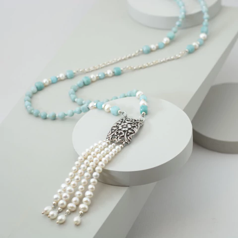 Collar amazonita, perlas naturales y centro de plata antiguo - comprar online