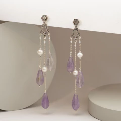 Aros largos triples de amatista - comprar online