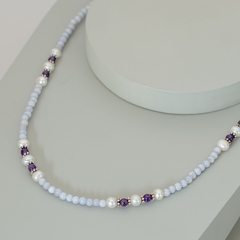 collar de plata, calcedonia y amatista