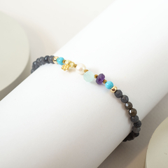 Pulsera agata gris, calcedonia, turquesa y perla