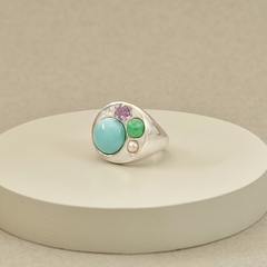 Anillo de plata turquesa, malaquita, perla, amatista y cubic