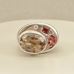 Anillo de plata cuarzo ahumado, turmalina, granate y cubic - comprar online