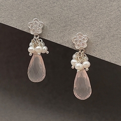 Aros combinados con Cuarzo rosa y perlas naturales