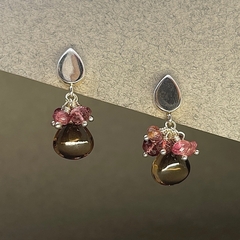 Aros combinados con Gota de cuarzo ahumado y turmalina rosa