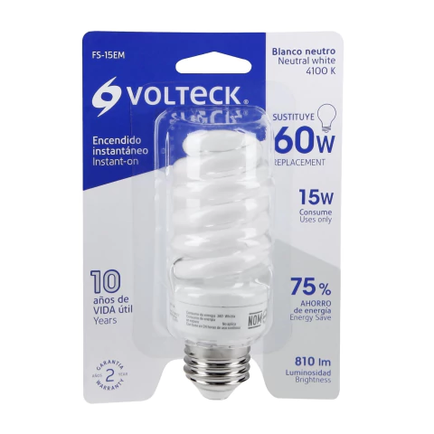Lampara espiral mini T2 15 W luz neutra en blister, Volteck