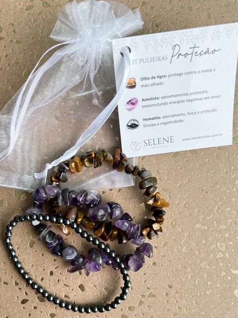 Kit Pulseiras PROTEÇÃO - Ametista, Hematita e Olho de Tigre