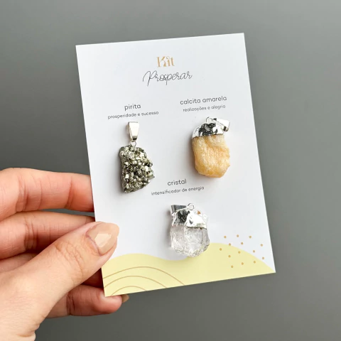 Kit Pingentes PROSPERAR - Pirita, Calcita Amarela e Cristal - Prateado - comprar online