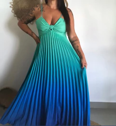 Vestido longo plissado- verde com azul - Maria Mariá Moda e Acessórios