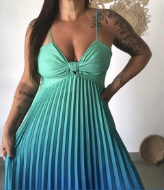 Vestido longo plissado- verde com azul na internet