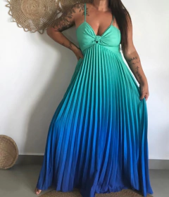 Vestido longo plissado- verde com azul - comprar online