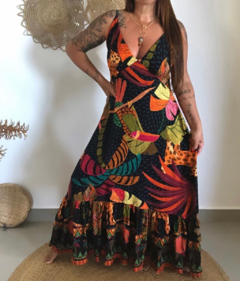 Vestido longo decote com V, alças reguláveis- Coleção Belezas do Pantanal - comprar online
