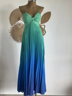 Vestido longo plissado- verde com azul - loja online