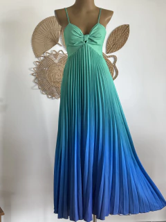 Vestido longo plissado- verde com azul