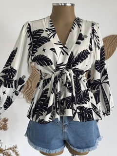 Blusa bata manga longa -offwhite com preto - loja online